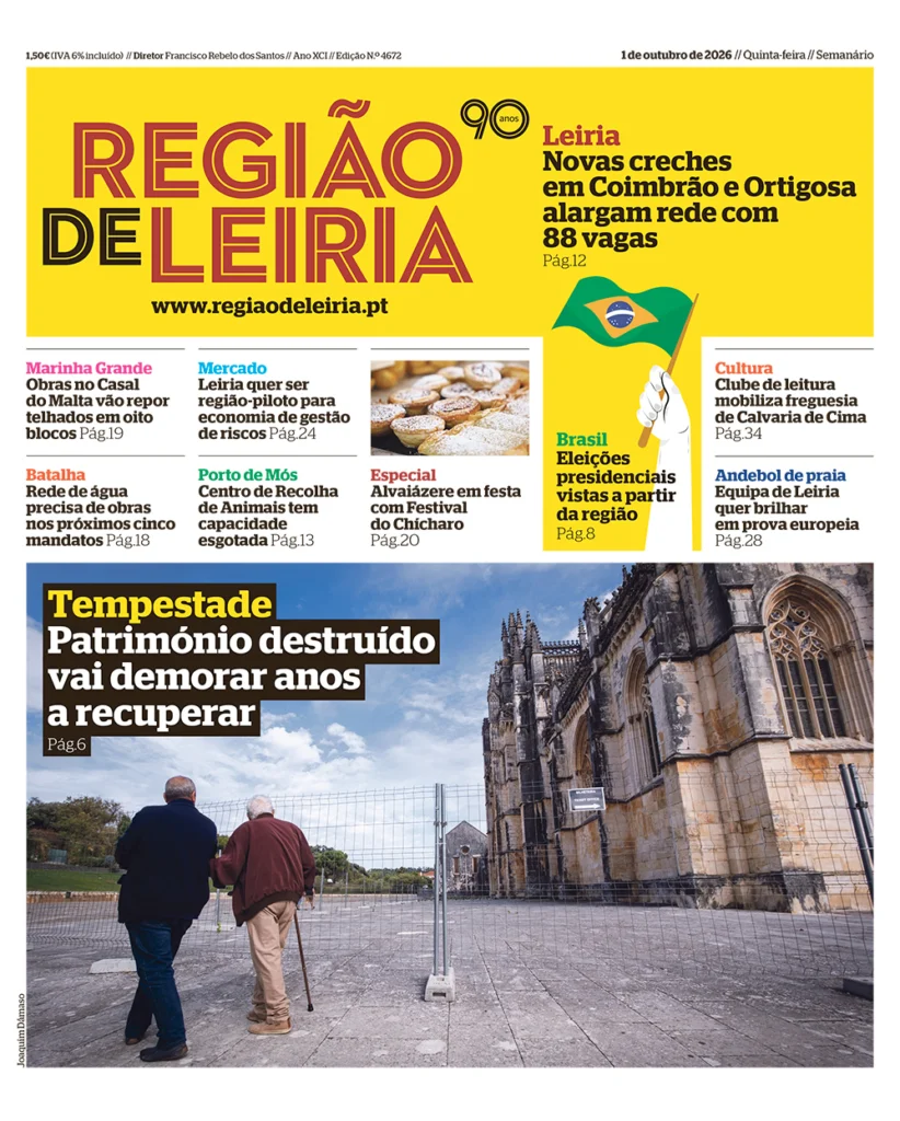 Capa do semanário Região de Leiria de 1 de outubro de 2026. A manchete destaca os danos causados por uma tempestade ao património, ilustrados por uma fotografia de um edifício histórico vedado.