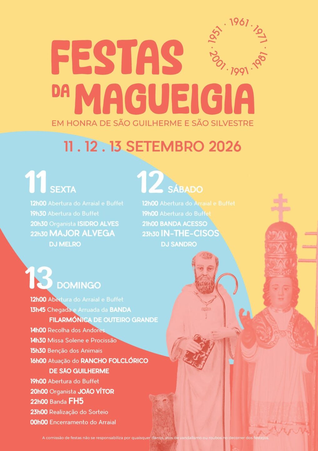 Cartaz das Festas da Magueigia, em honra de São Guilherme e São Silvestre, marcadas para 11, 12 e 13 de setembro de 2026. Apresenta o programa religioso e de animação dos três dias.