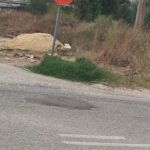 Uma placa circular vermelha, com a inscrição pouco legível, está inclinada junto à berma de uma estrada. Ao lado veem-se um monte de areia, alguns detritos e vegetação seca.