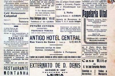 Primeira página do semanário «Região de Leiria», datada de 10 de outubro de 1935. Apresenta um texto de apresentação da publicação e anúncios de estabelecimentos e serviços de Leiria.