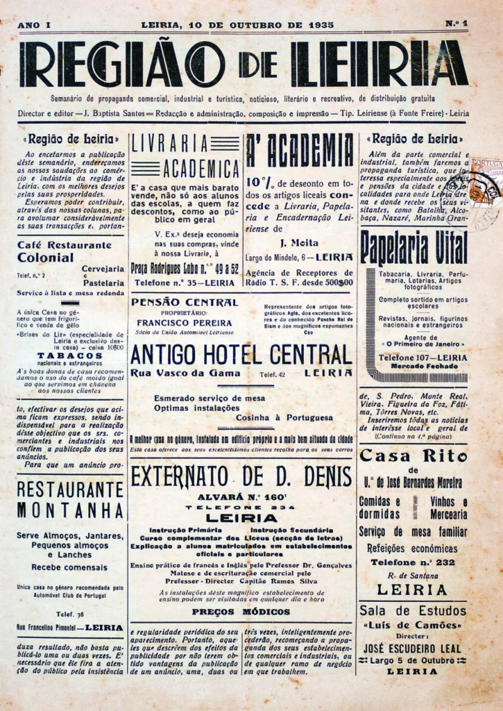 Primeira página do semanário «Região de Leiria», datada de 10 de outubro de 1935. Apresenta um texto de apresentação da publicação e anúncios de estabelecimentos e serviços de Leiria.