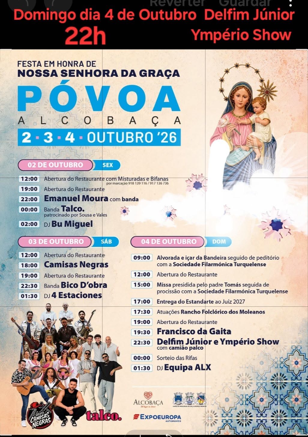 Cartaz da festa em honra de Nossa Senhora da Graça, na Póvoa, Alcobaça, de 2 a 4 de outubro de 2026. Apresenta o programa religioso e musical, incluindo atuações de Emanuel Moura, Francisco da Gaita e Delfim Júnior.