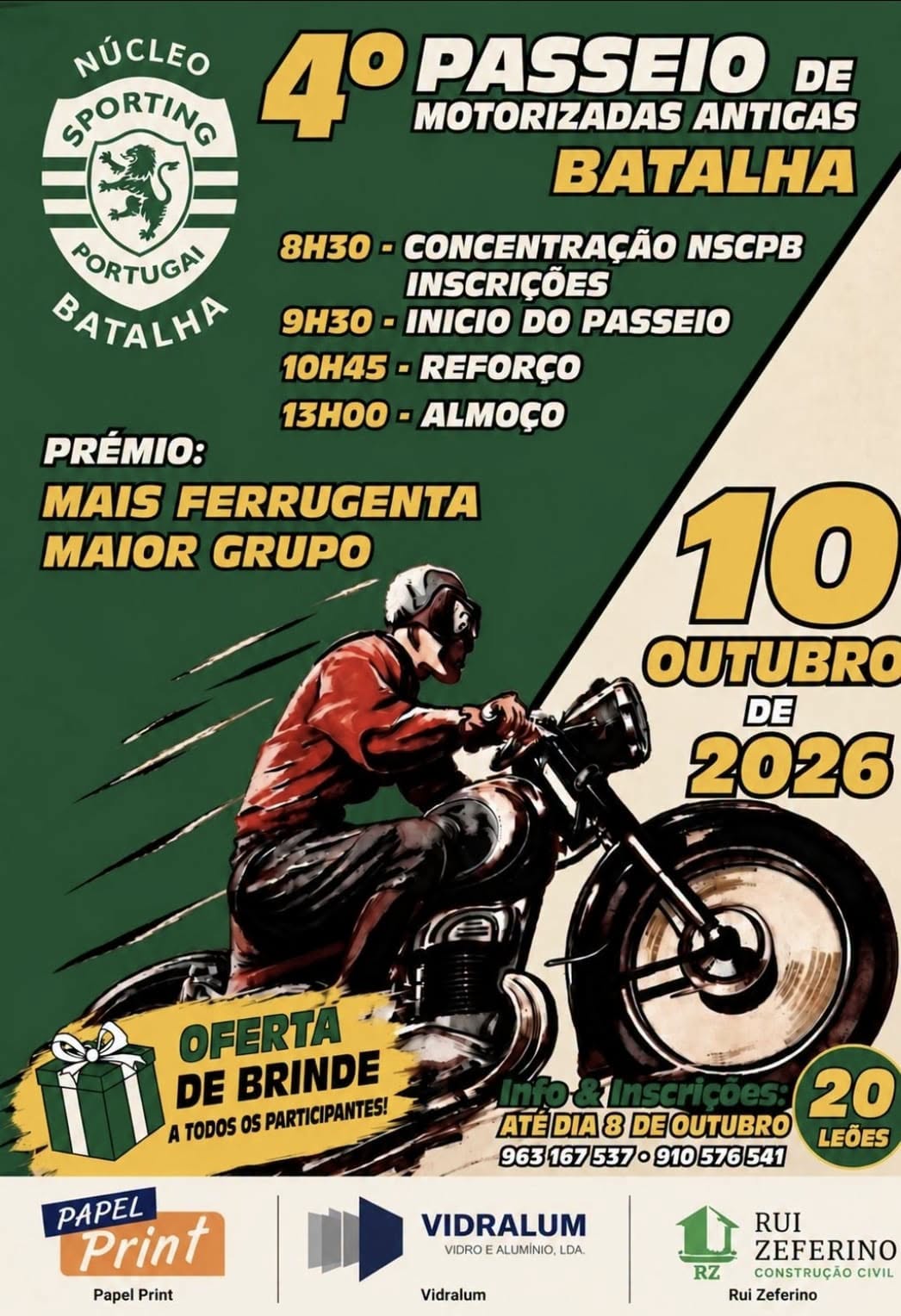 Cartaz do 4.º Passeio de Motorizadas Antigas da Batalha, promovido pelo Núcleo Sportinguista da Batalha, para 10 de outubro de 2026. Apresenta o programa, prémios, informações de inscrição e uma ilustração de uma motorizada.
