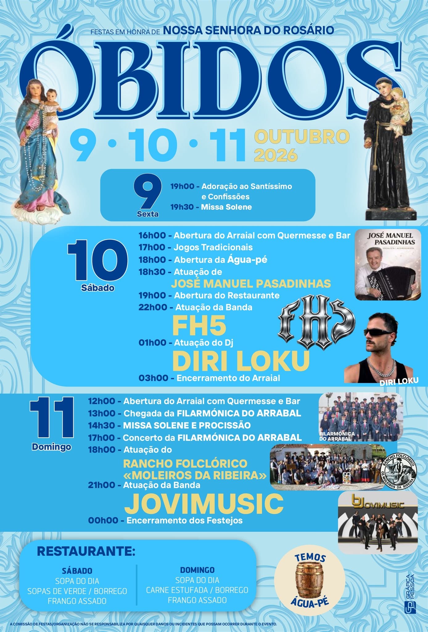 Cartaz das festas em honra de Nossa Senhora do Rosário, em Óbidos, de 9 a 11 de outubro de 2026. O programa inclui celebrações religiosas, arraial, gastronomia e atuações musicais.