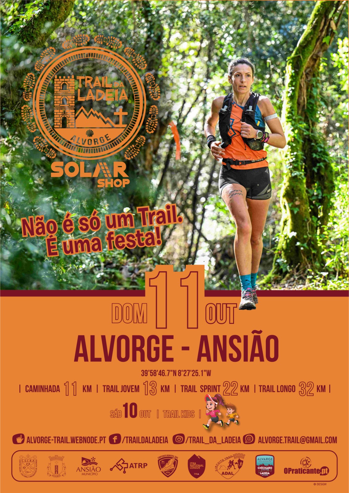 Cartaz do Trail da Ladeira, em Alvorge–Ansião, com uma corredora num trilho florestal. Anuncia provas de caminhada e trail para 11 de outubro, além de Trail Kids no dia 10.
