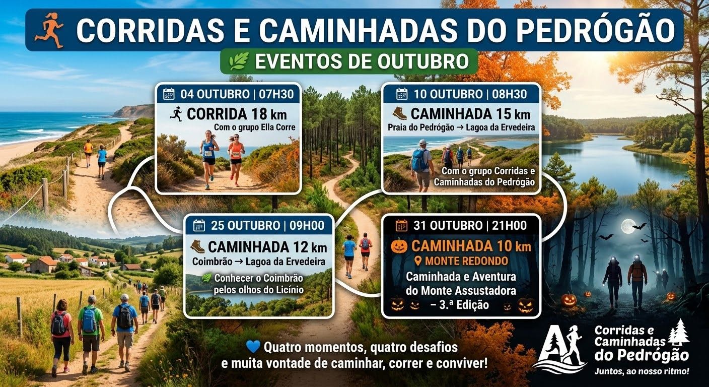 Cartaz das Corridas e Caminhadas do Pedrógão com quatro eventos anunciados para outubro: uma corrida de 18 km e três caminhadas de 15 km, 12 km e 10 km. A caminhada de 31 de outubro é apresentada como uma edição noturna no Monte Redondo.