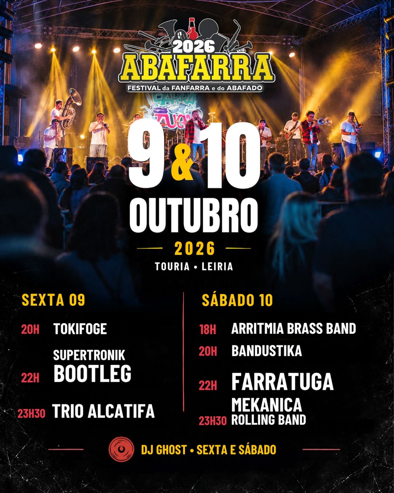 Cartaz do Abafarra 2026, festival de fanfarra e do abafado, marcado para 9 e 10 de outubro em Touria, Leiria. Apresenta o programa musical dos dois dias sobre uma fotografia de um concerto com público.