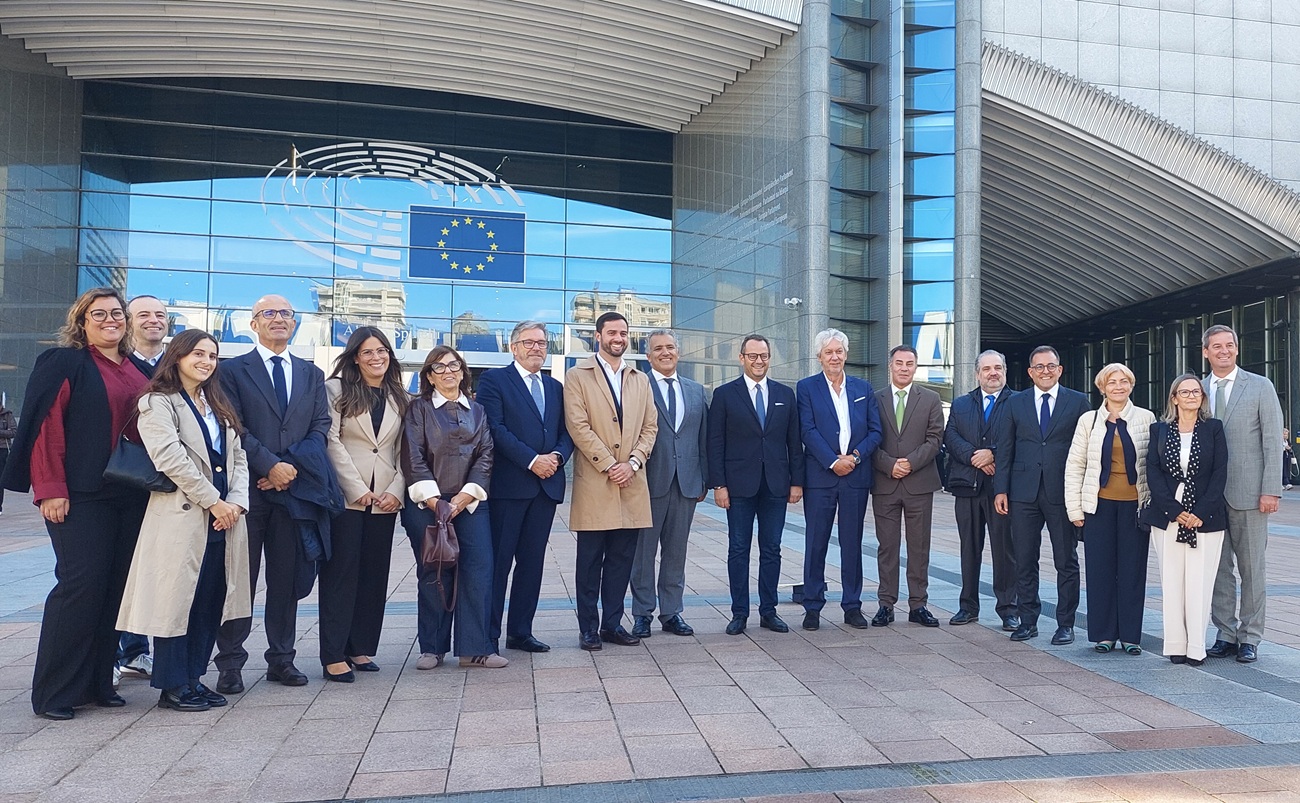 Um grupo de pessoas posa para uma fotografia à entrada de um edifício onde estão visíveis o emblema do Parlamento Europeu e a bandeira da União Europeia.