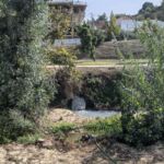 Um pequeno curso de água passa por uma zona com vegetação densa e uma queda de água. Ao fundo, veem-se edifícios, incluindo uma construção em obras.