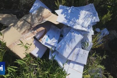Uma caixa de cartão e vários envelopes e documentos estão espalhados entre a vegetação, ao ar livre. A imagem apresenta o logótipo da TVI.