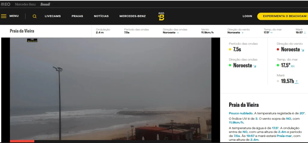 Captura de uma página de webcam da Praia da Vieira, com vista para o areal, o mar e a ondulação. A página apresenta dados sobre vento, temperatura da água e maré.