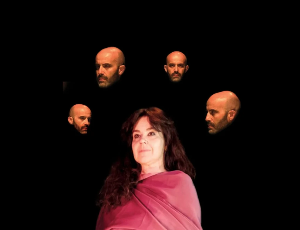 Uma mulher com um tecido cor-de-rosa ocupa o primeiro plano sobre um fundo preto. À sua volta surgem quatro imagens do rosto de um homem careca e com barba.
