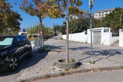 Rua residencial com um automóvel estacionado, árvores no passeio e contentores de reciclagem. Ao fundo, vêem-se edifícios e sinais de trânsito. Não há pessoas visíveis.
