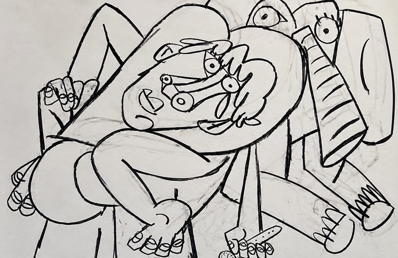 Desenho a preto e branco com figuras humanas caricaturais sobrepostas, traçadas com linhas expressivas. Uma figura em primeiro plano apresenta o rosto de perfil e membros em posições exageradas.
