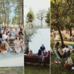 Montagem de cinco fotografias de grupos de pessoas reunidas ao ar livre e numa sala com lareira. Há livros visíveis em várias imagens, incluindo uma pilha de livros e pessoas a ler.