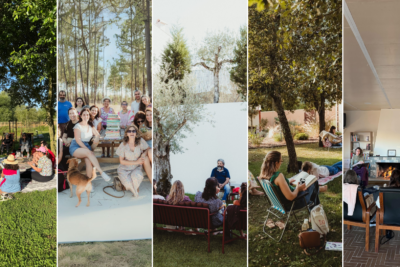 Montagem de cinco fotografias de grupos de pessoas reunidas ao ar livre e numa sala com lareira. Há livros visíveis em várias imagens, incluindo uma pilha de livros e pessoas a ler.