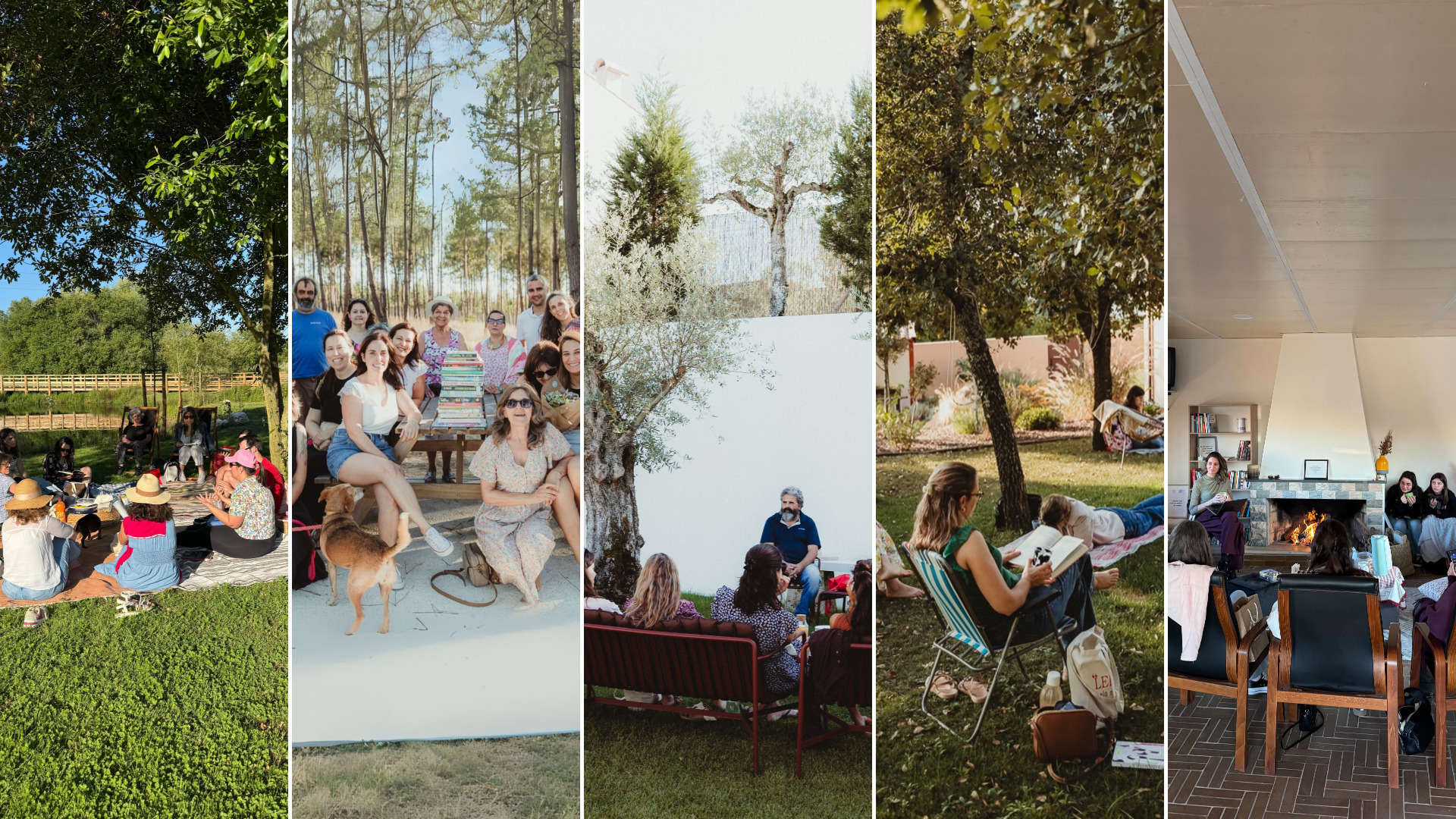 Montagem de cinco fotografias de grupos de pessoas reunidas ao ar livre e numa sala com lareira. Há livros visíveis em várias imagens, incluindo uma pilha de livros e pessoas a ler.