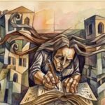 Ilustração de uma pessoa a escrever num livro aberto, rodeada por edifícios de aspeto medieval. Formas ondulantes atravessam a composição.