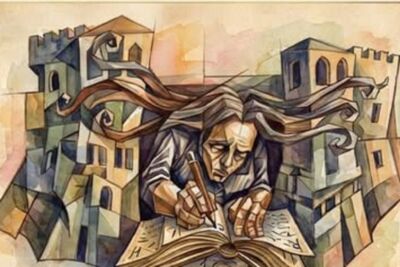 Ilustração de uma pessoa a escrever num livro aberto, rodeada por edifícios de aspeto medieval. Formas ondulantes atravessam a composição.