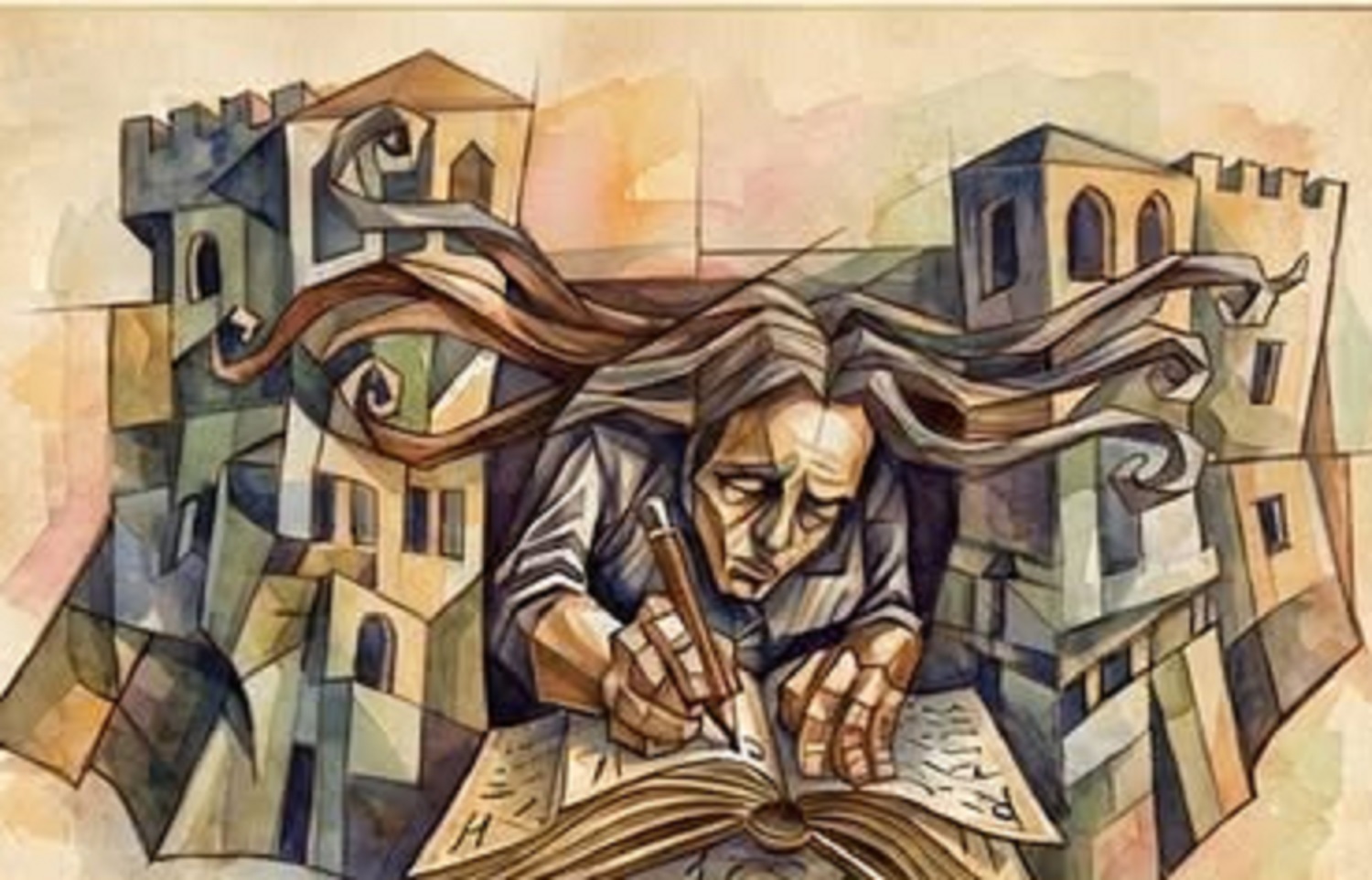 Ilustração de uma pessoa a escrever num livro aberto, rodeada por edifícios de aspeto medieval. Formas ondulantes atravessam a composição.
